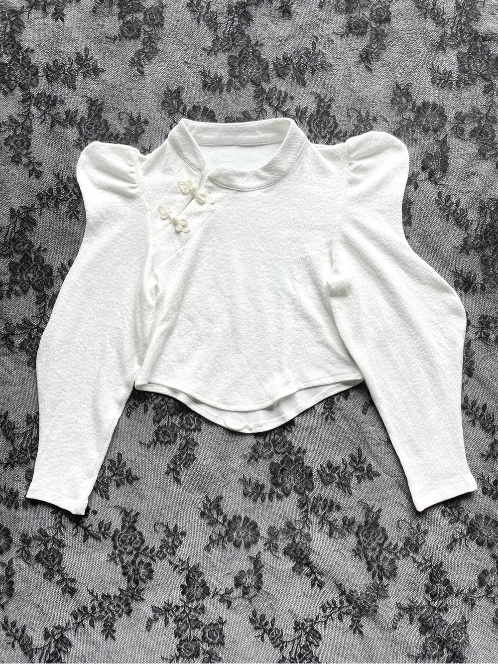 White Puff Sleeve Mandarin Collar Cropped Top